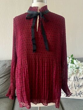 Wine Red Pleated Polka Dot Tie Neck Blouse